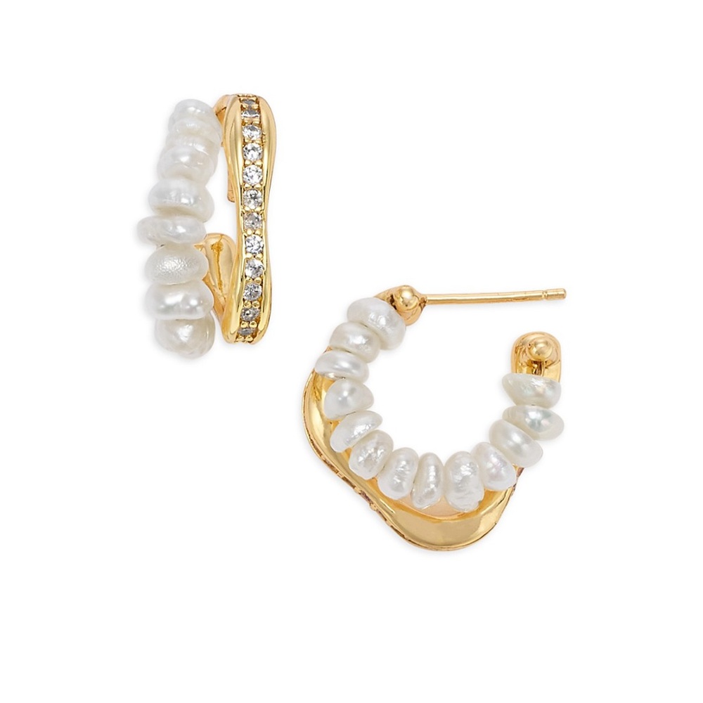 NWT AQUA Cultured Freshwater Pearl & Cubic Zirconia Double Hoop Earrings